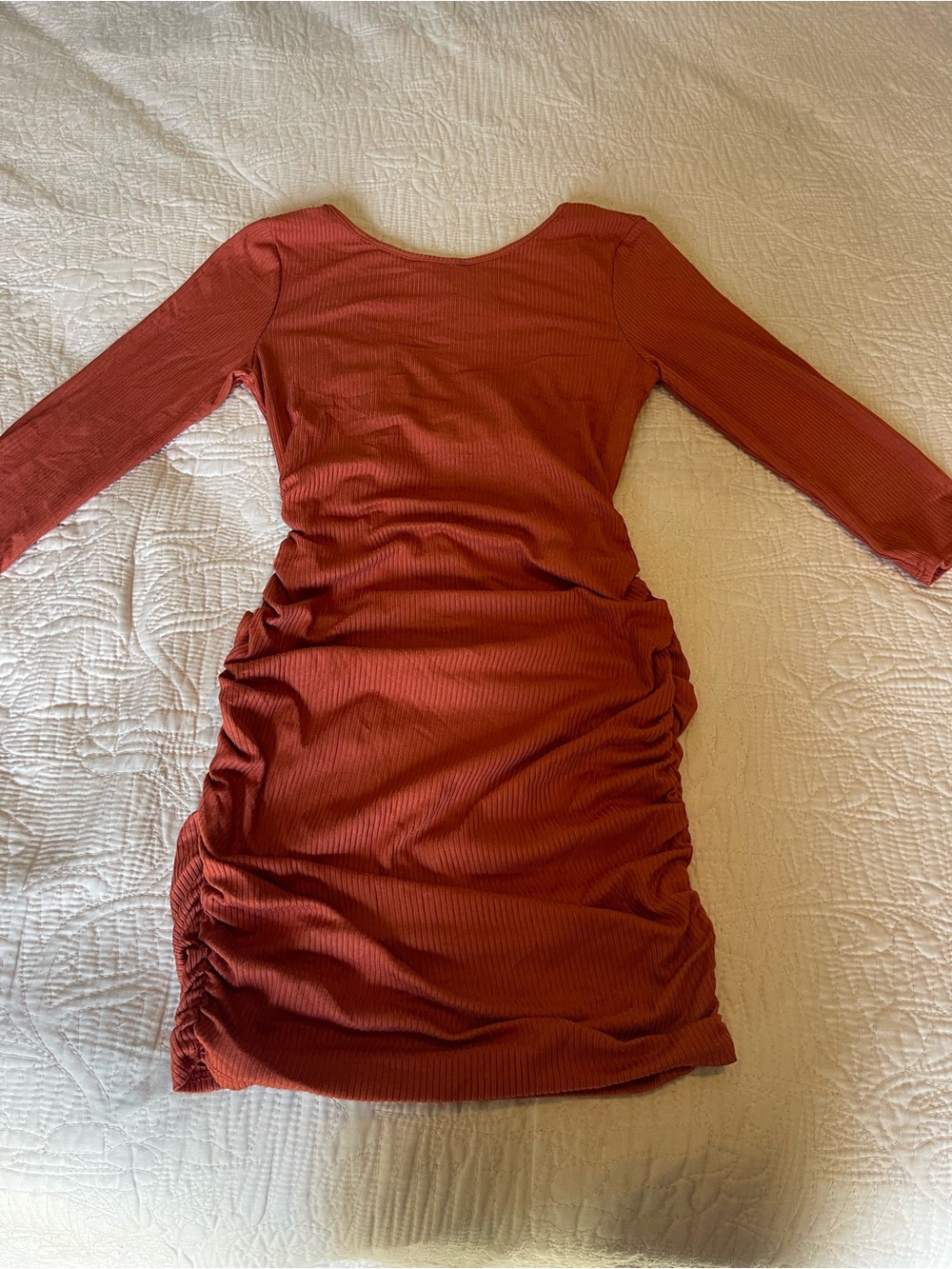 Rust Ribbed Long-Sleeve Ruched Bodycon Dress